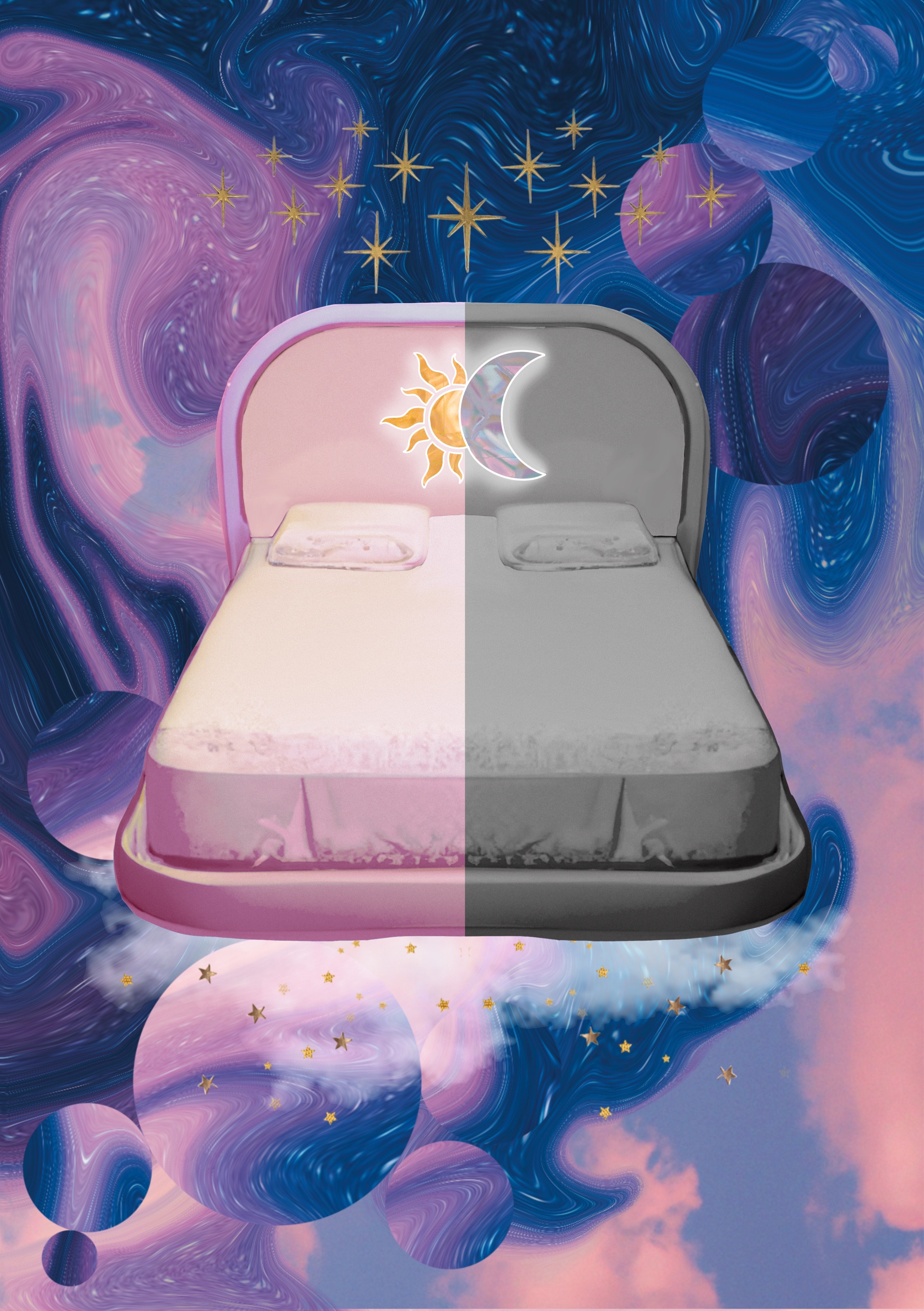 Art piece with colourful image of a bed